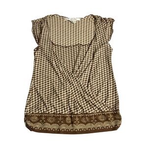 Y2K Studio M Mesh Top Womens Small Brown Geometric Surplice Flutter Sleeve Boho